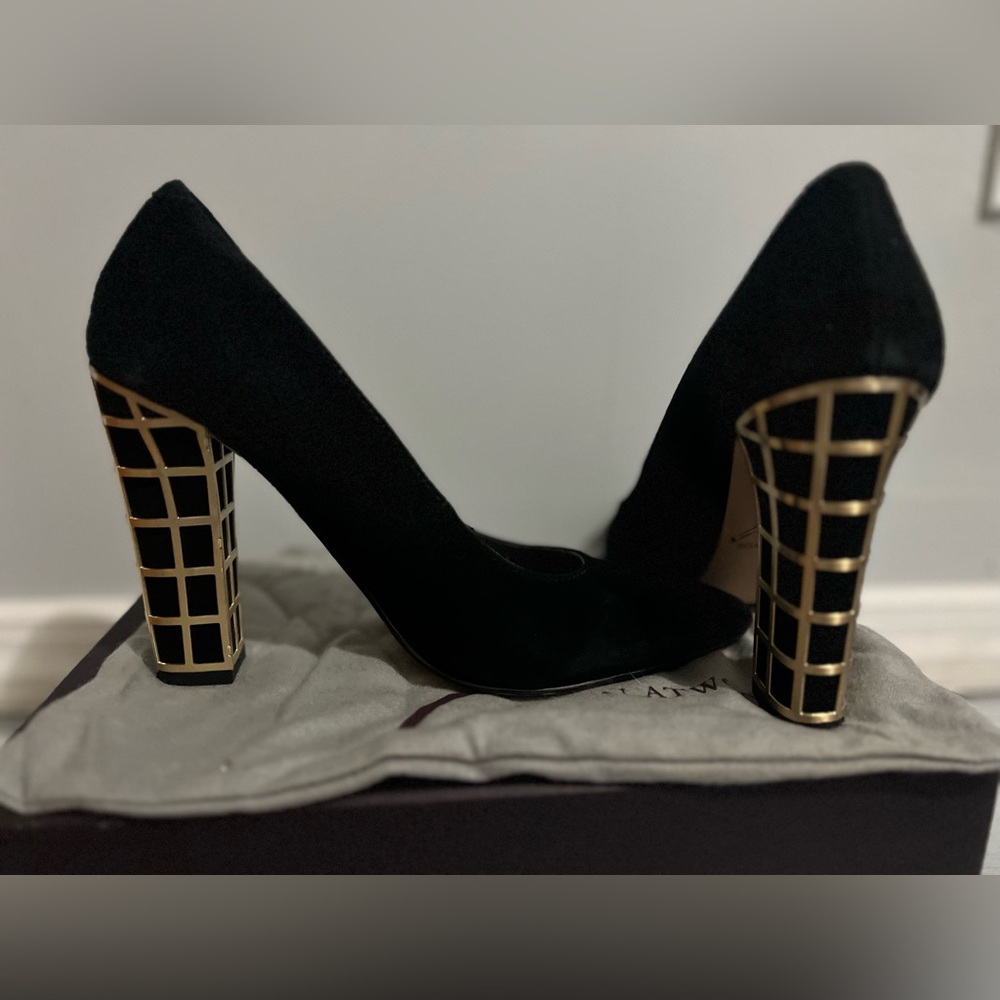 Brian Atwood Black suede pumps with gold metal heel casing detail